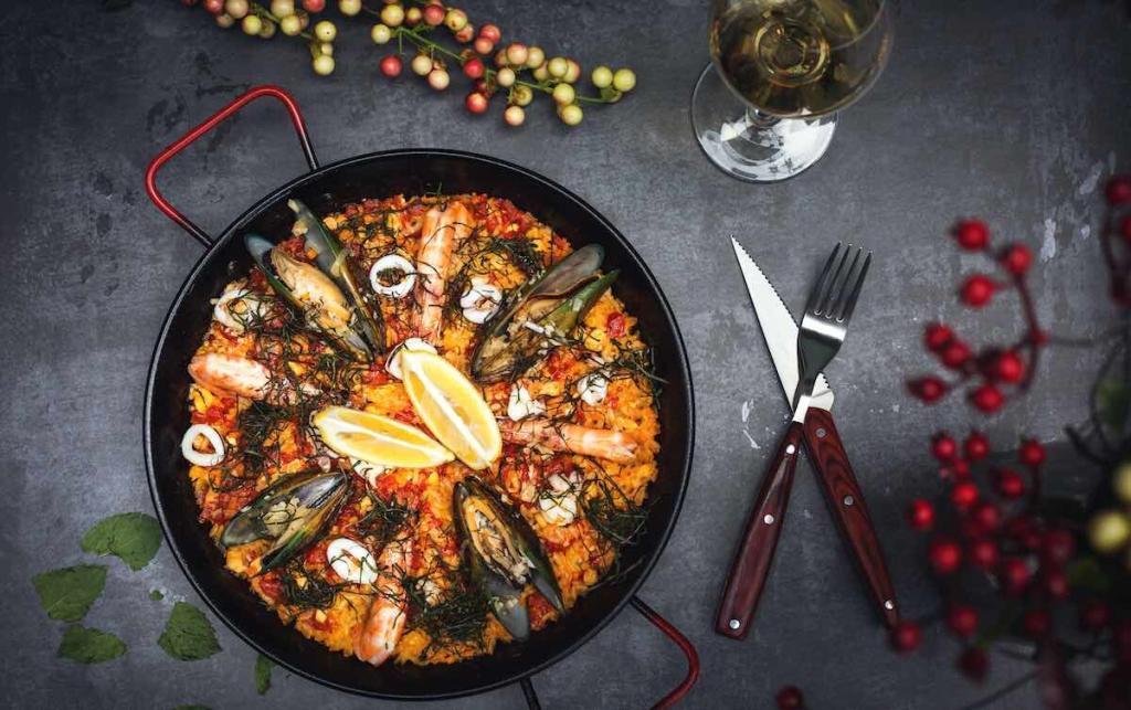 paella with wine